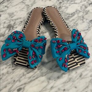 Betsey Johnson Teal and Black Striped Bow Statement Sandals